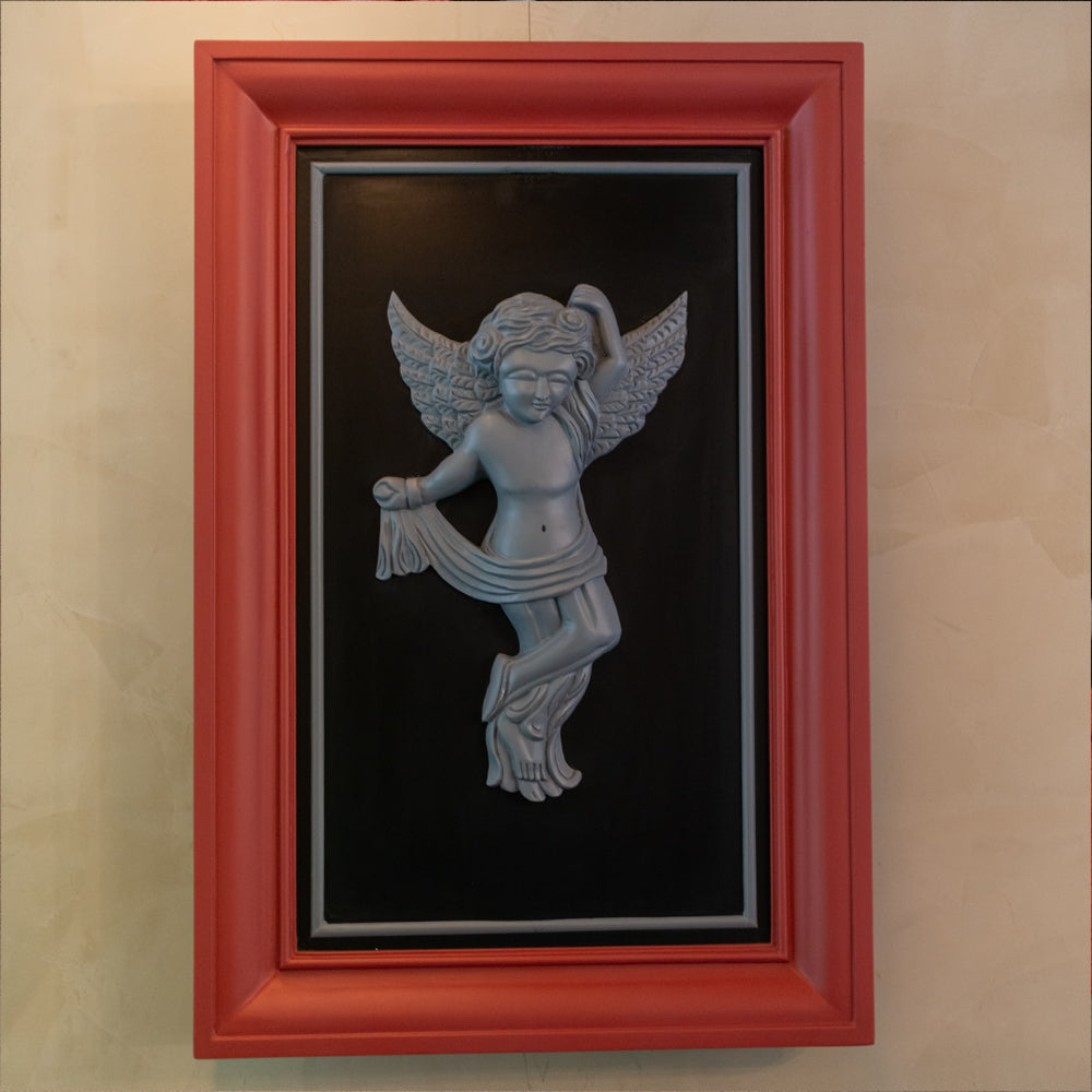 Teak Wood Cherub Sculpture in Red Frame