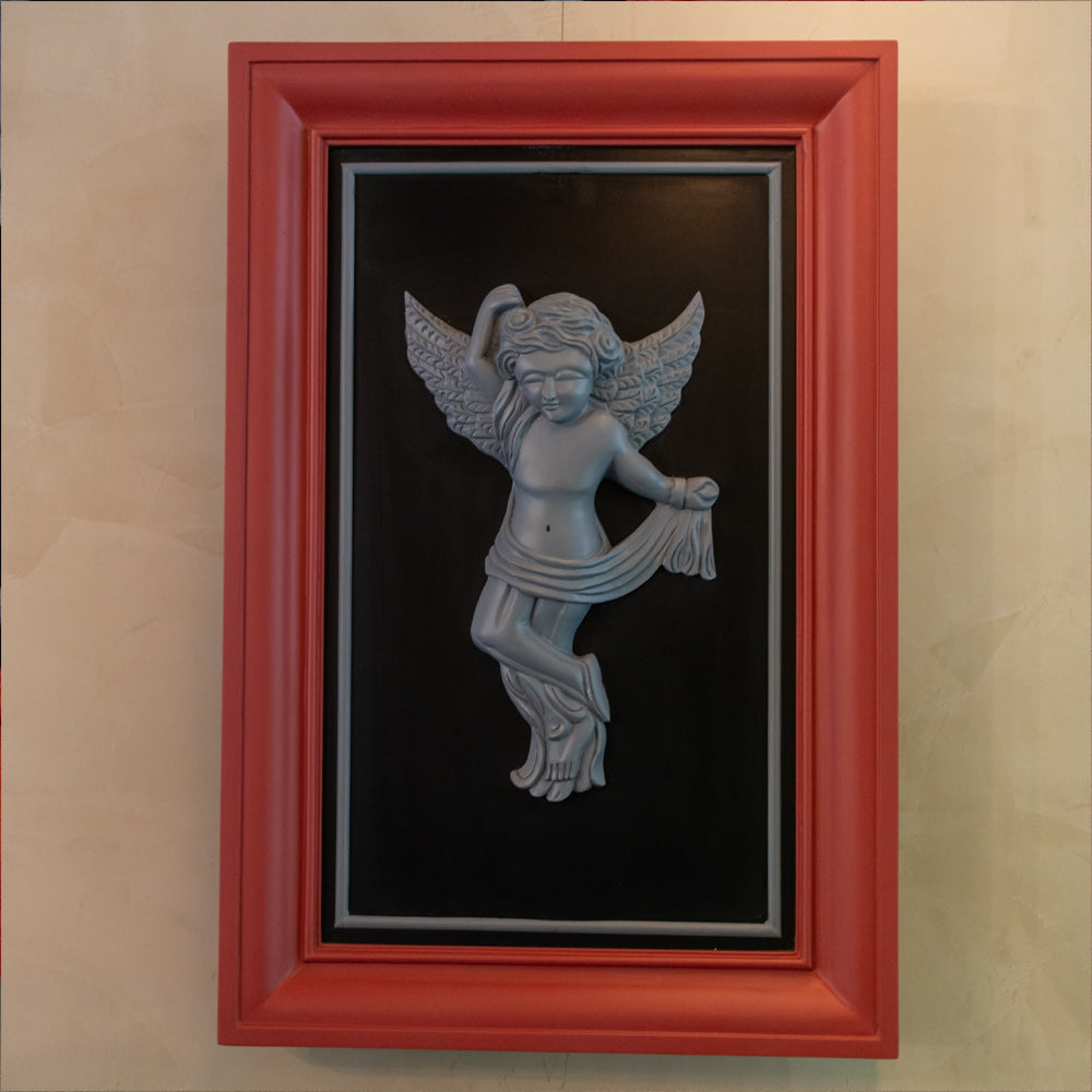 Teak Wood Cherub Sculpture in Red Frame