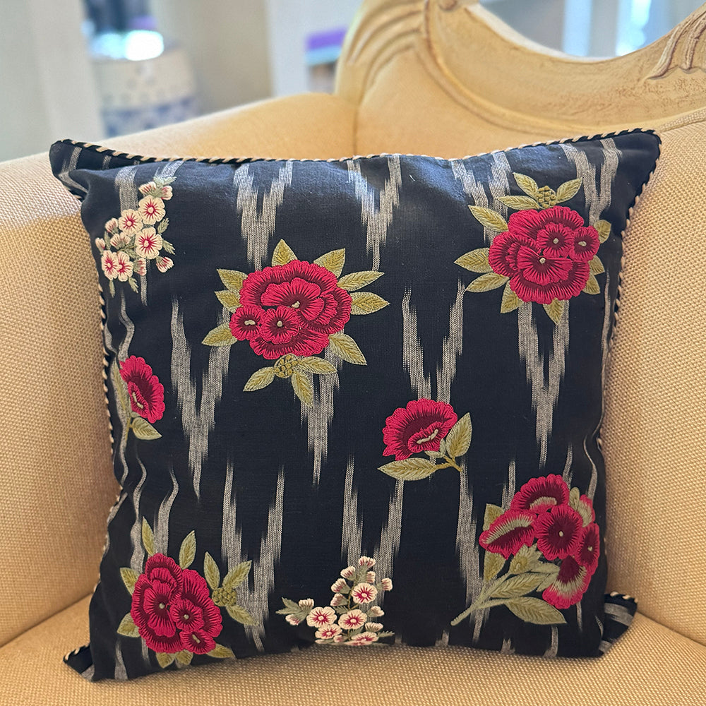 Midnight Ikkat Embroidered Cushion Cover